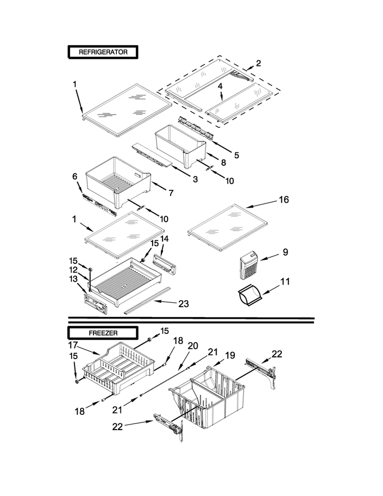 Shelf Parts Diagram and Parts List for MFW2055DRH01  Maytag Refrigerator