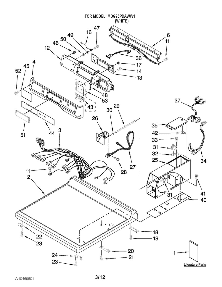 Top And Console Parts Diagram and Parts List for MDG25PDAWW1  Maytag Dryer