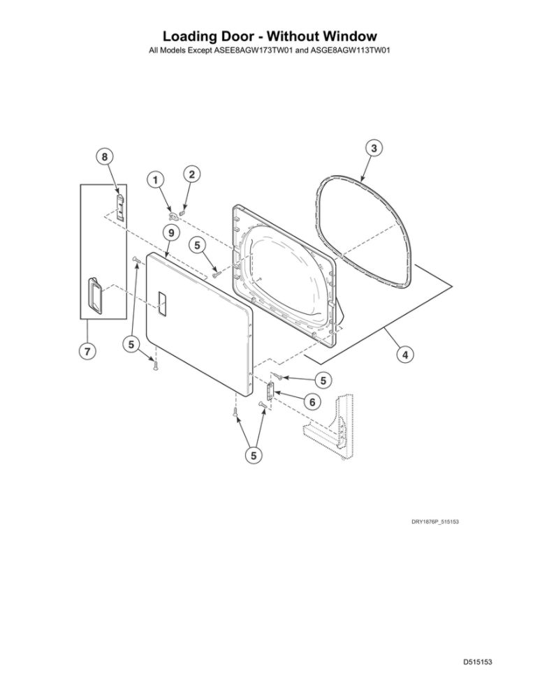 Loading Door-Without Window Diagram and Parts List for ADEE9RGS173TW01  Speed Queen Dryer