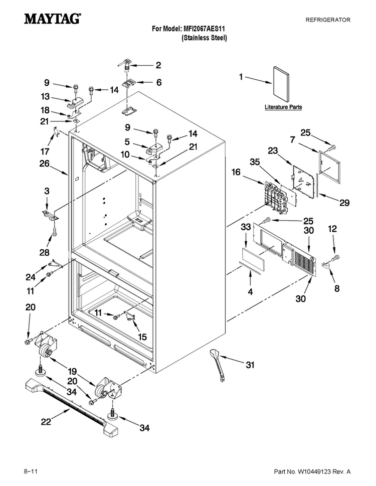 Cabinet Parts Diagram and Parts List for MFI2067AES11  Maytag Refrigerator