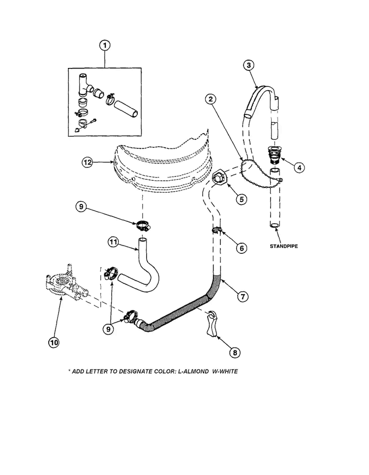 Drain Hose And Siphon Break Diagram and Parts List for CW4202W2-PCW4202W2B  Amana Washer