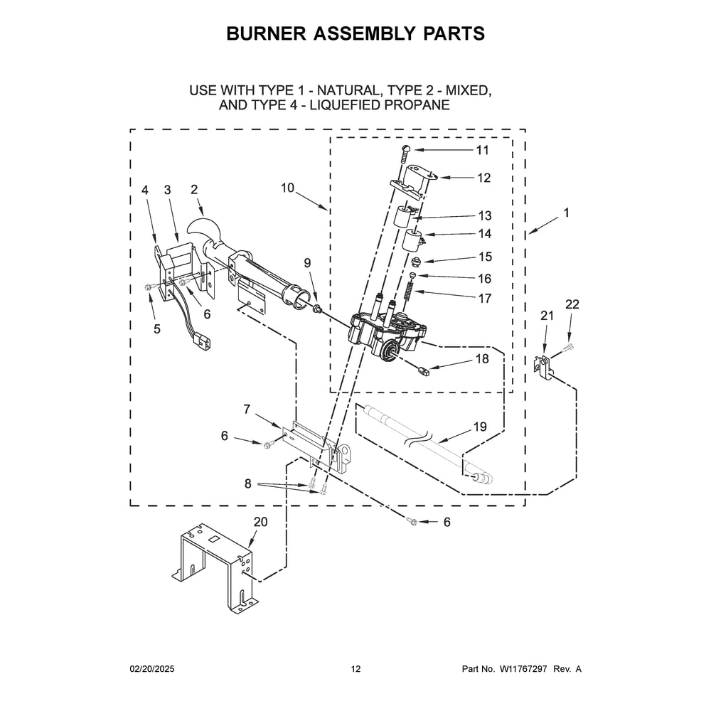 Burner Assembly Parts Diagram and Parts List for MLG27PDFGW0  Maytag Dryer