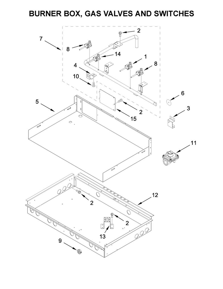 Burner Box, Gas Valves And Switches Diagram and Parts List for JGCP430WP02  Jenn-Air Cooktop