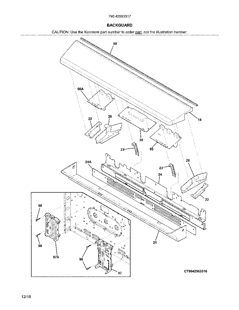 Backguard Diagram and Parts List for 79042553317  Kenmore Range