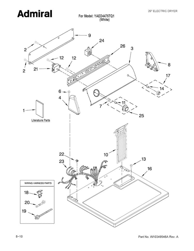 Top And Console Parts Diagram and Parts List for YAED4475TQ1  Admiral Dryer