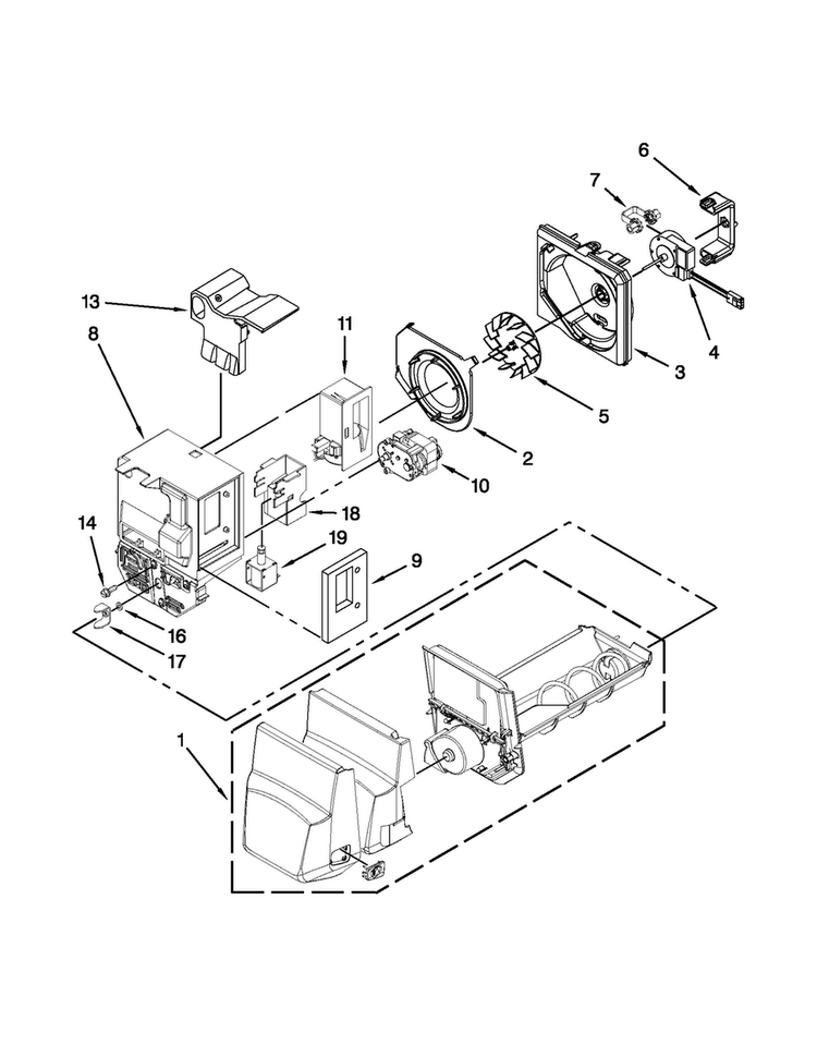 Motor And Ice Container Parts Diagram and Parts List for MFI2670XEM9  Maytag Refrigerator