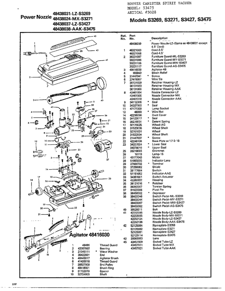 Power Nozzle/agitator Diagram and Parts List for 5028  Hoover Canister Vacuum