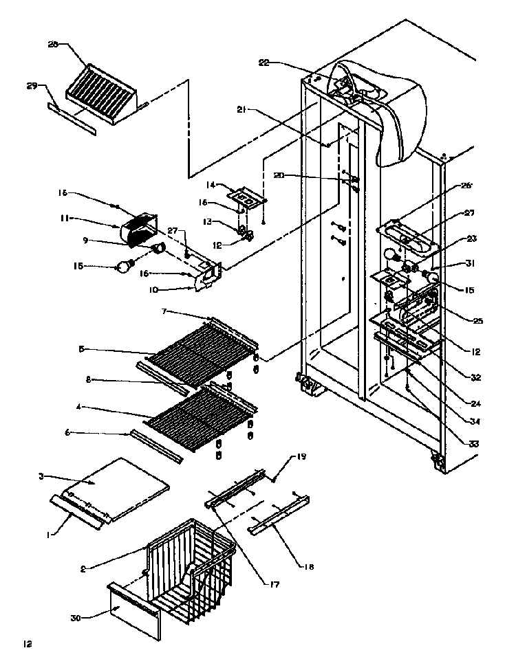 Freezer Shelfs/refrigerator Light Diagram and Parts List for SXD19NL-P1168802WL  Amana Refrigerator