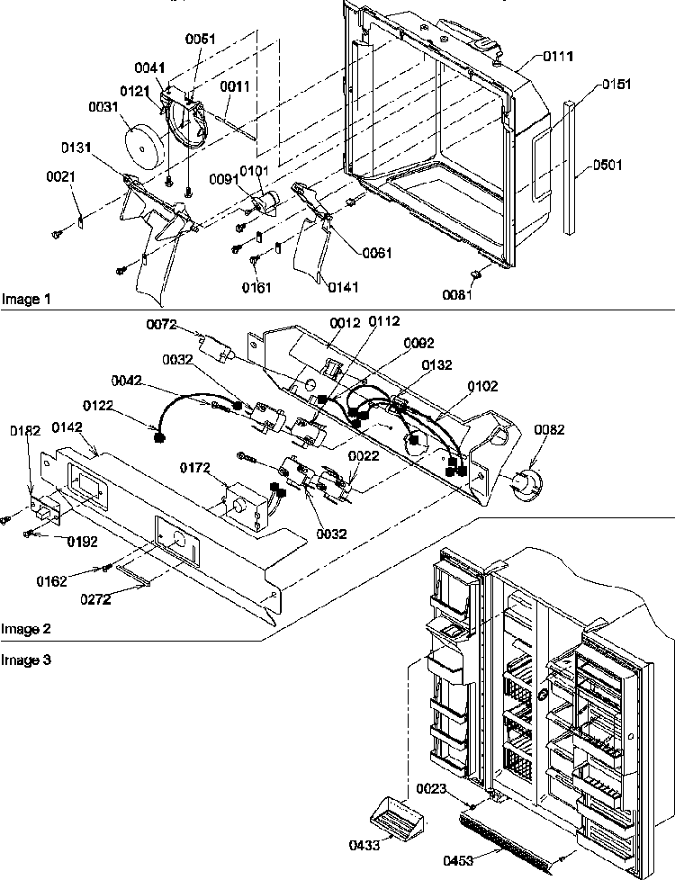 Ice/water Cavity, Electronic Bracket Assy & Toe Grille Diagram and Parts List for SBDE20S4SW-P1190906WW  Amana Refrigerator