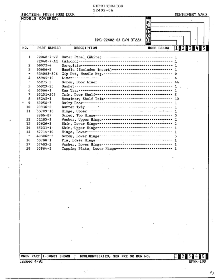Fresh Food Door Page 2 Diagram and Parts List for 22402-0A  Admiral Refrigerator