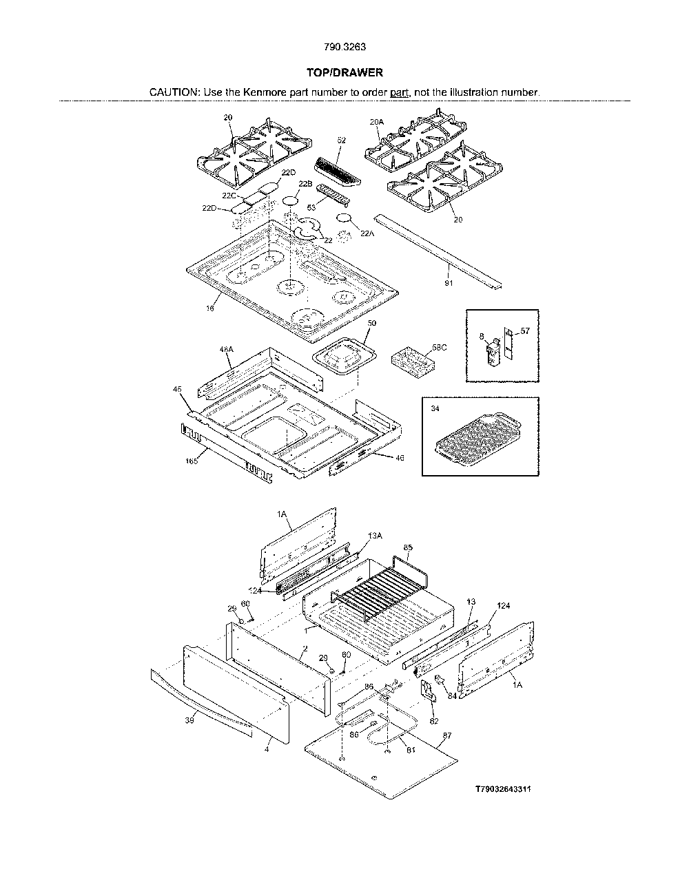 Top/Drawer Diagram and Parts List for 79032639318  Kenmore Range