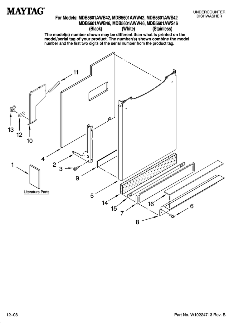 Door And Panel Parts Diagram and Parts List for MDB5601AWB46  Maytag Dishwasher