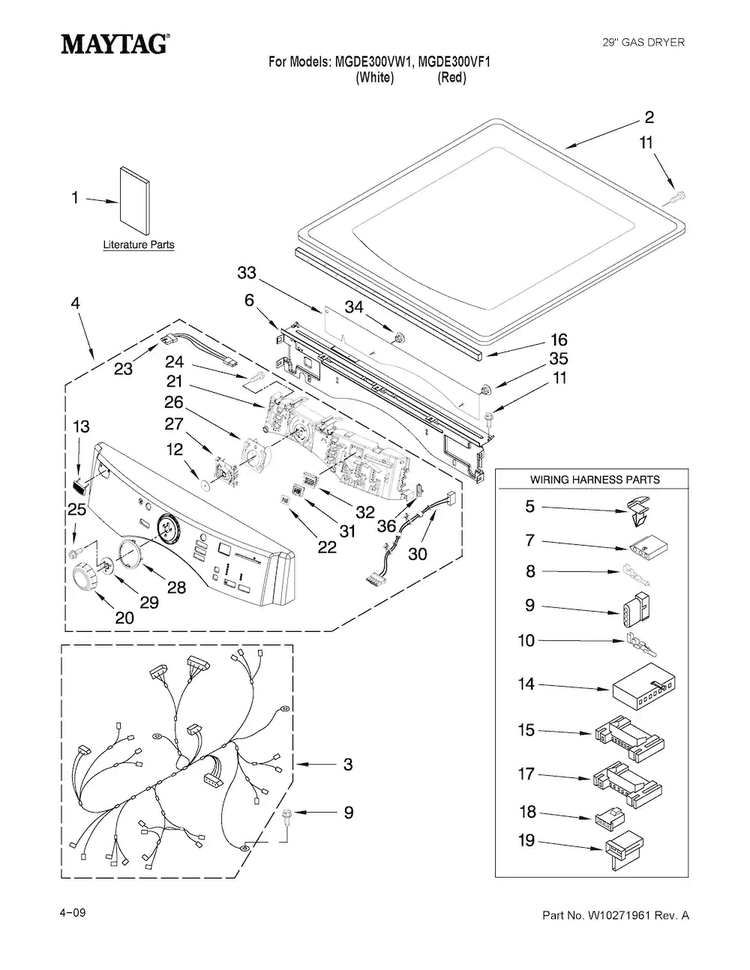 Top And Console Parts Diagram and Parts List for MGDE300VW1  Maytag Dryer