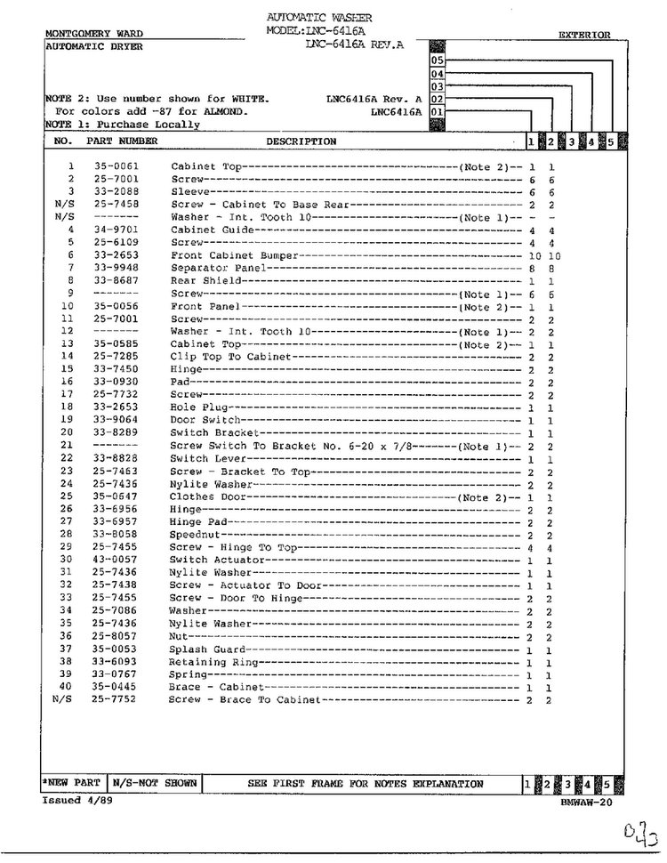 Exterior Page 2 Diagram and Parts List for 6416A REV A Norge Washer