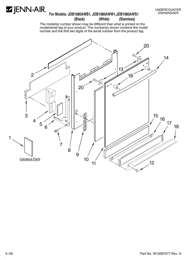 Door And Panel Parts Diagram and Parts List for JDB1080AWW1  Jenn-Air Dishwasher