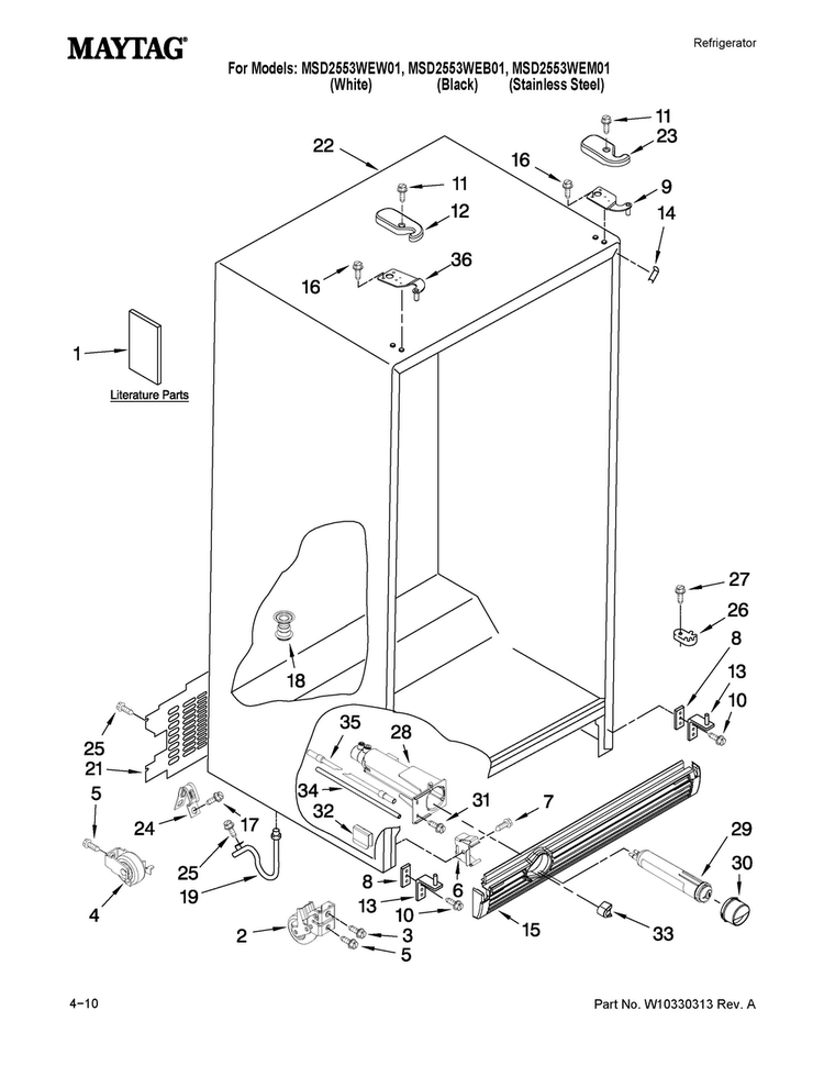 Cabinet Parts Diagram and Parts List for MSD2553WEM01  Maytag Refrigerator