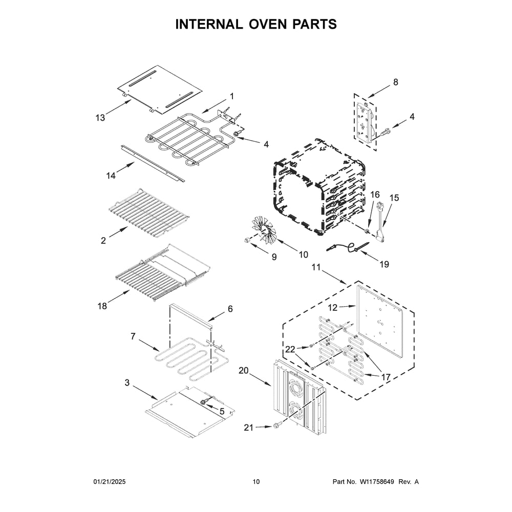 Internal Oven Parts Diagram and Parts List for JOEDC730RL00  Jenn-Air Wall Oven