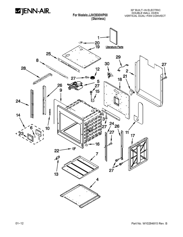Upper Oven Parts Diagram and Parts List for JJW2830WP00  Jenn-Air Wall Oven