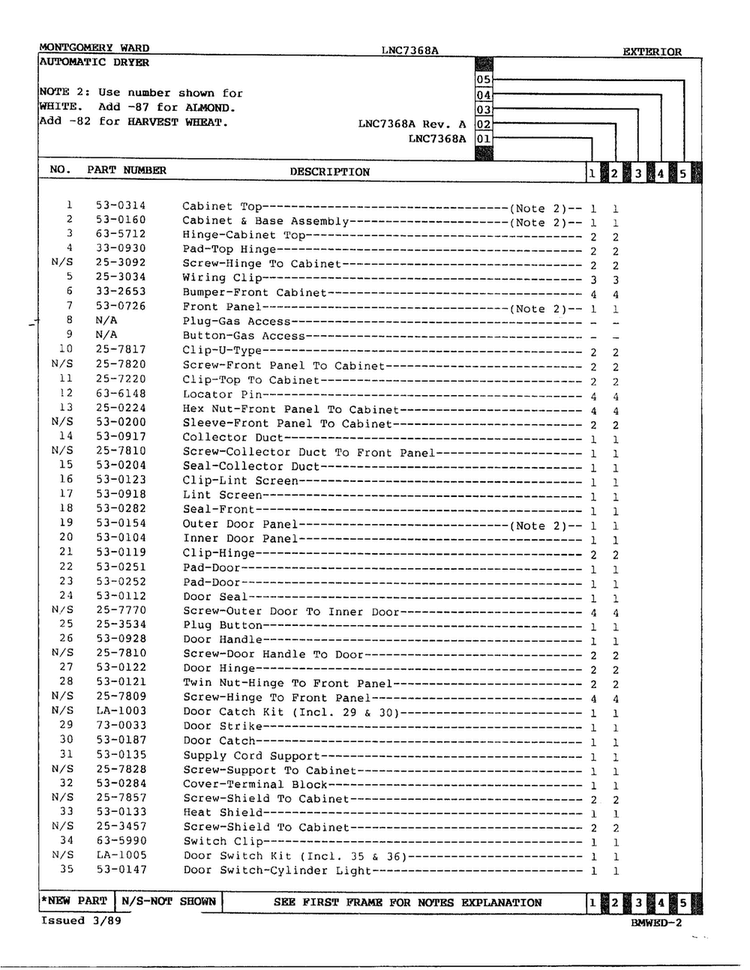 Exterior Page 2 Diagram and Parts List for 7368A  Norge Dryer