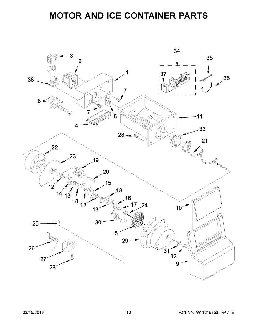 Motor And Ice Container Parts Diagram and Parts List for ASI2175GRW00  Maytag Refrigerator