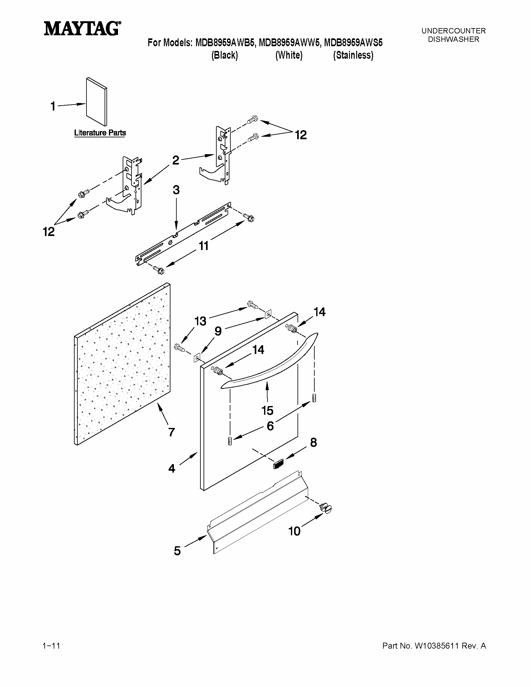 Door And Panel Parts Diagram and Parts List for MDB8959AWS5  Maytag Dishwasher