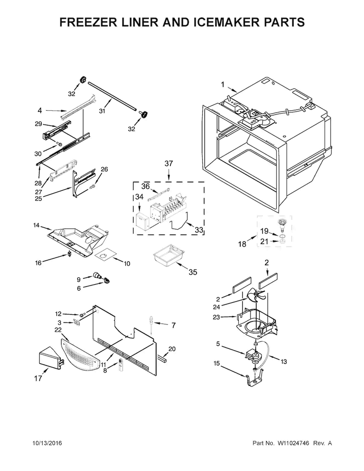 Freezer Liner And Icemaker Parts Diagram and Parts List for MFF2558FEB00  Maytag Refrigerator