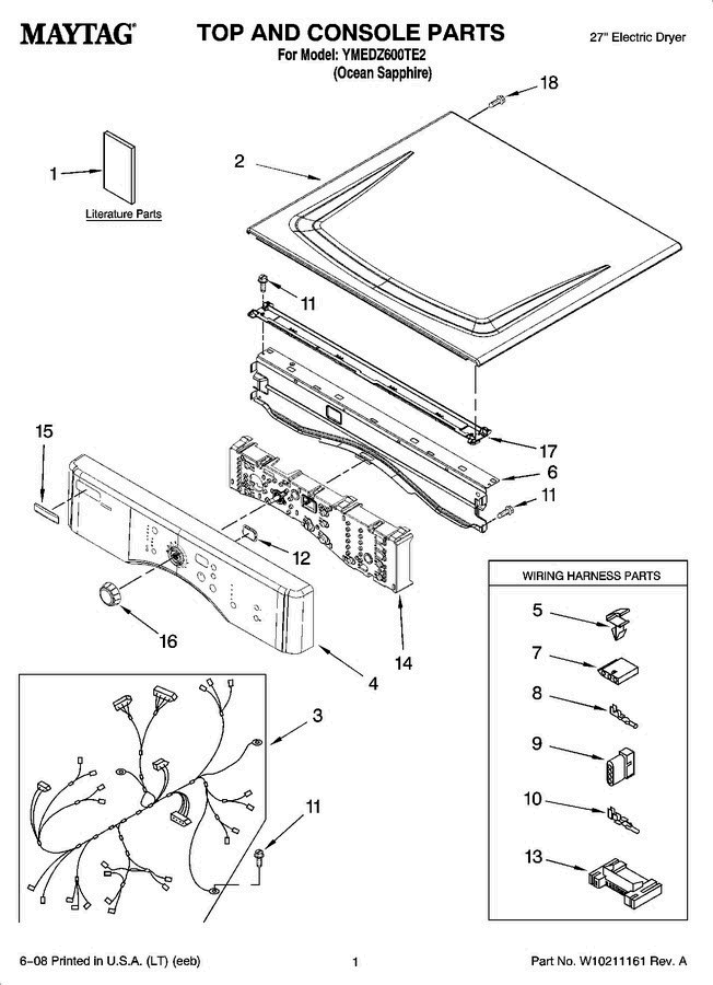 01 - Top And Console Parts Diagram and Parts List for YMEDZ600TE2  Maytag Dryer