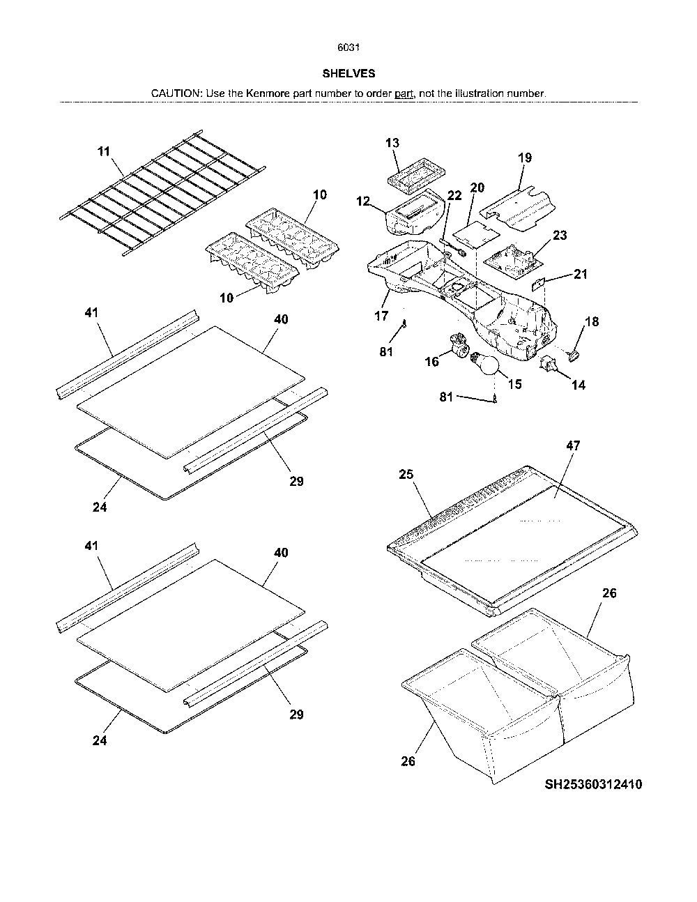 Shelves Diagram and Parts List for 25360319415  Kenmore Refrigerator