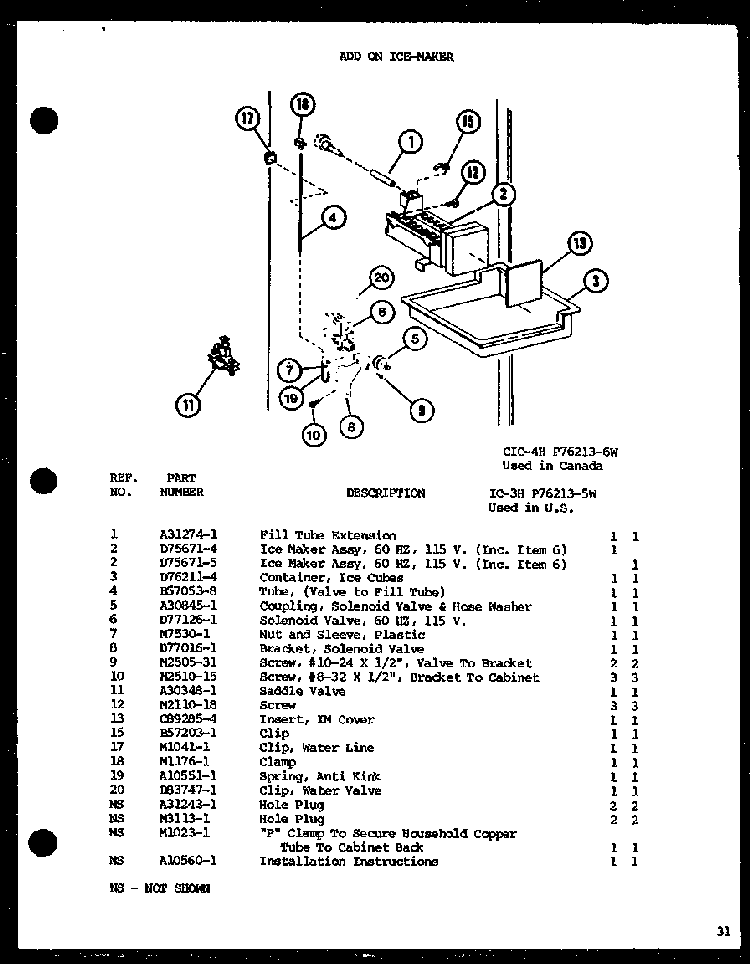 Add On Ice-maker Diagram and Parts List for TL18H-P77110-20W  Amana Refrigerator