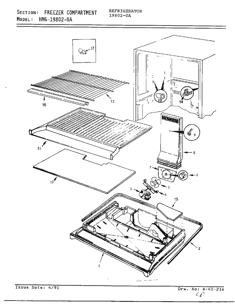 Freezer Compartment Diagram and Parts List for 19802-0A  Admiral Refrigerator