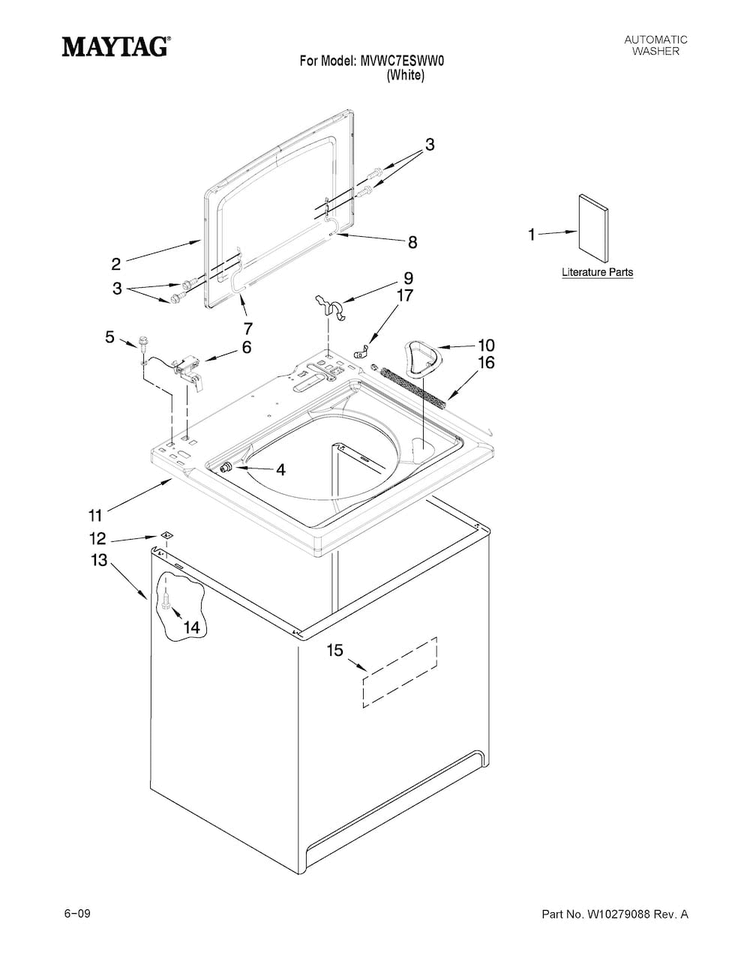 Top And Cabinet Parts Diagram and Parts List for MVWC7ESWW0  Maytag Washer