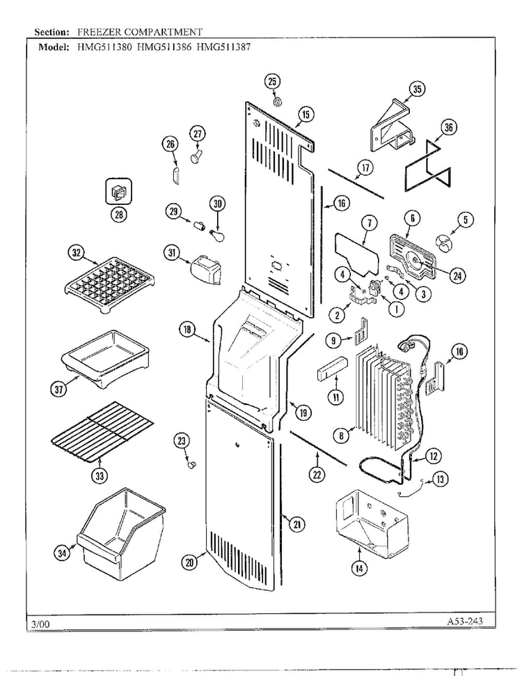 Freezer Compartment Diagram and Parts List for HMG511387  Admiral Refrigerator