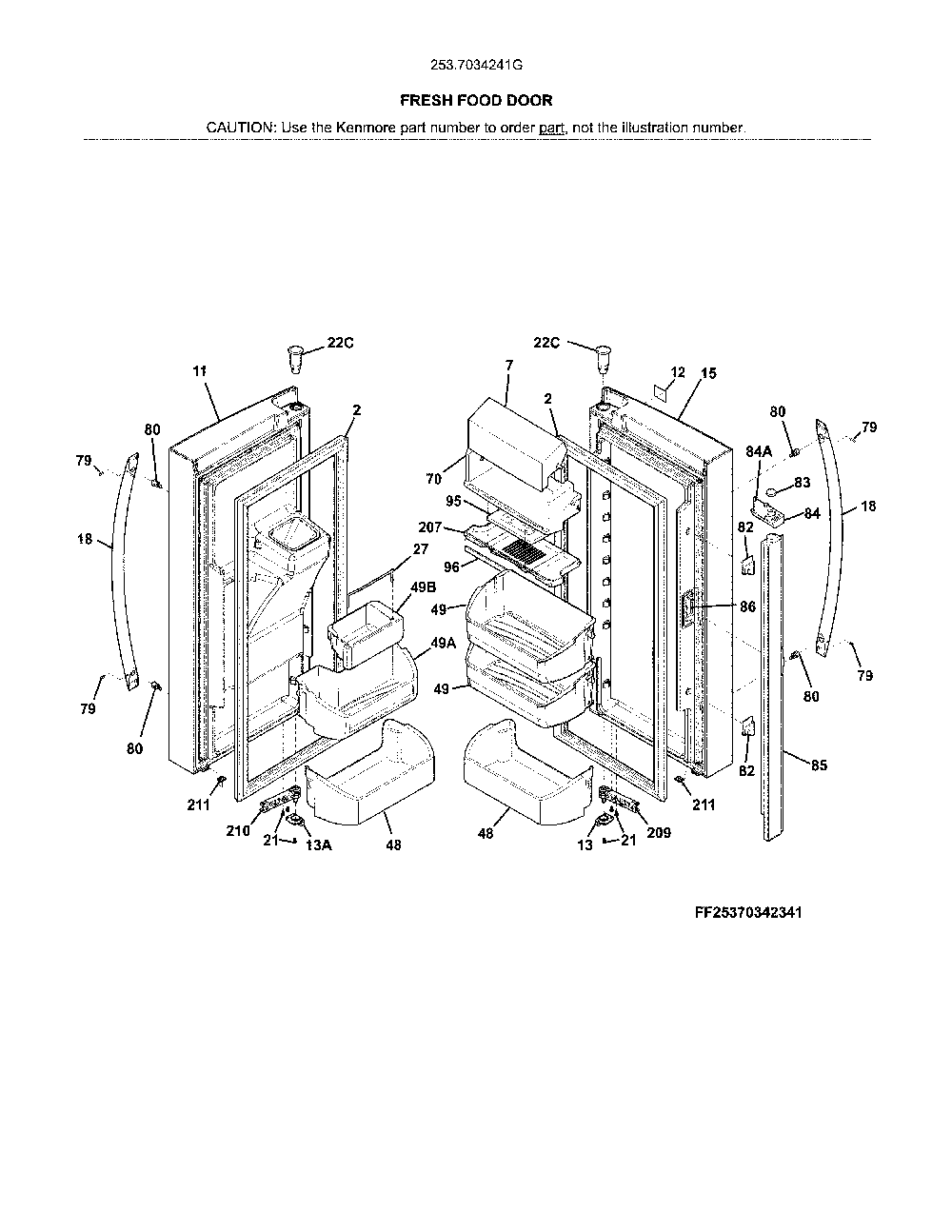 Fresh Food Doors Diagram and Parts List for 2537034241G  Kenmore Refrigerator