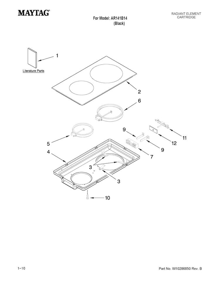 Glass Cartridge Diagram and Parts List for AR141B14  Jenn-Air Range