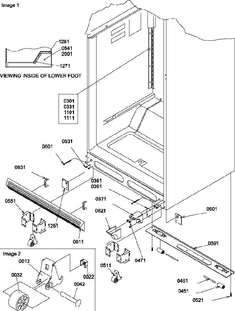 Ladders, Lower Cabinet And Rollers Diagram and Parts List for TR18TE-P1303101WE  Amana Refrigerator