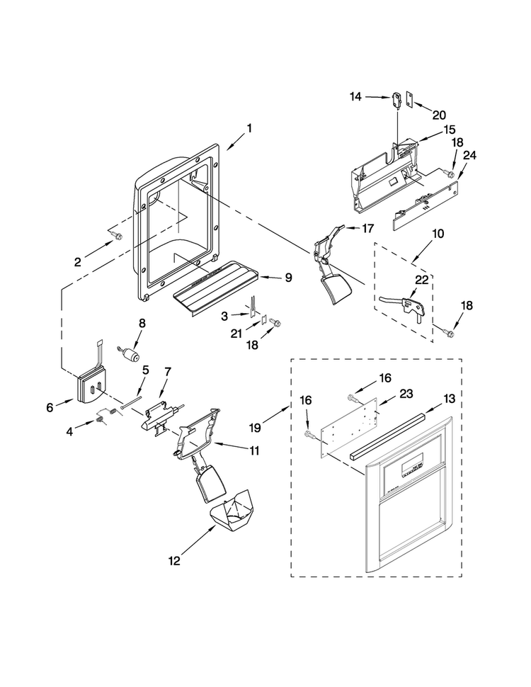 Dispenser Front Parts Diagram and Parts List for ASD2524VEW02  Amana Refrigerator