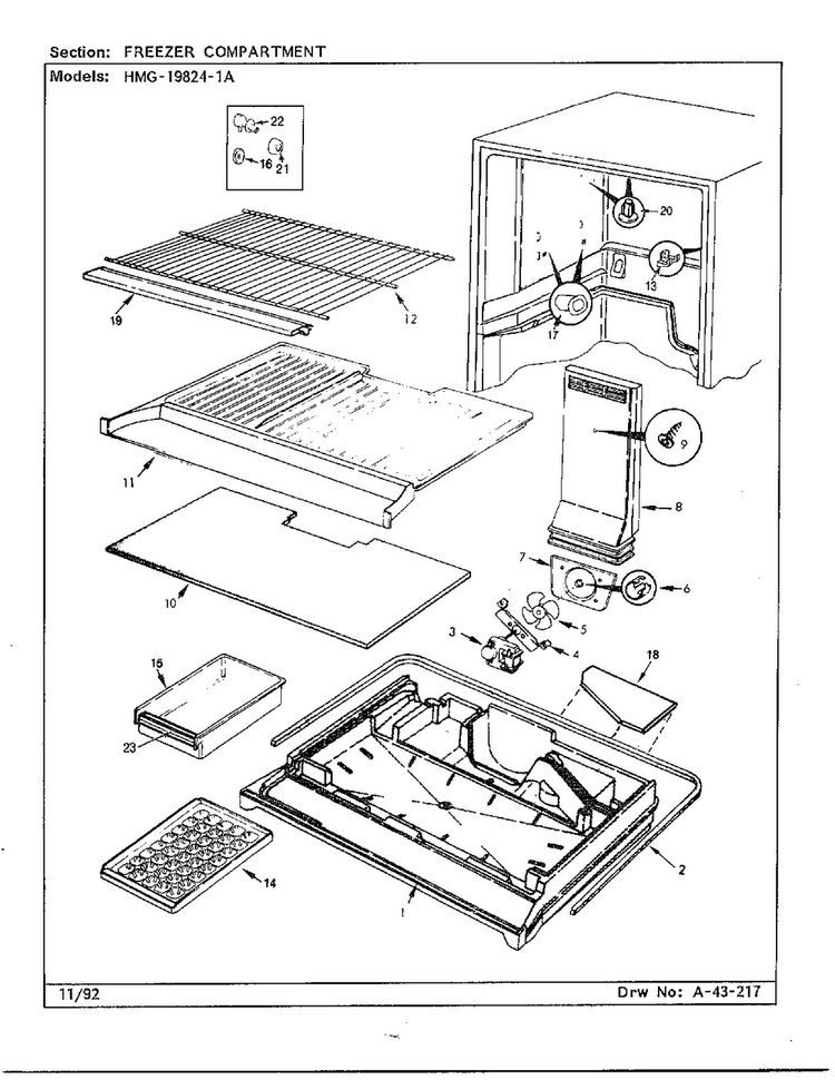 Freezer Compartment Diagram and Parts List for 19824-1A  Admiral Refrigerator