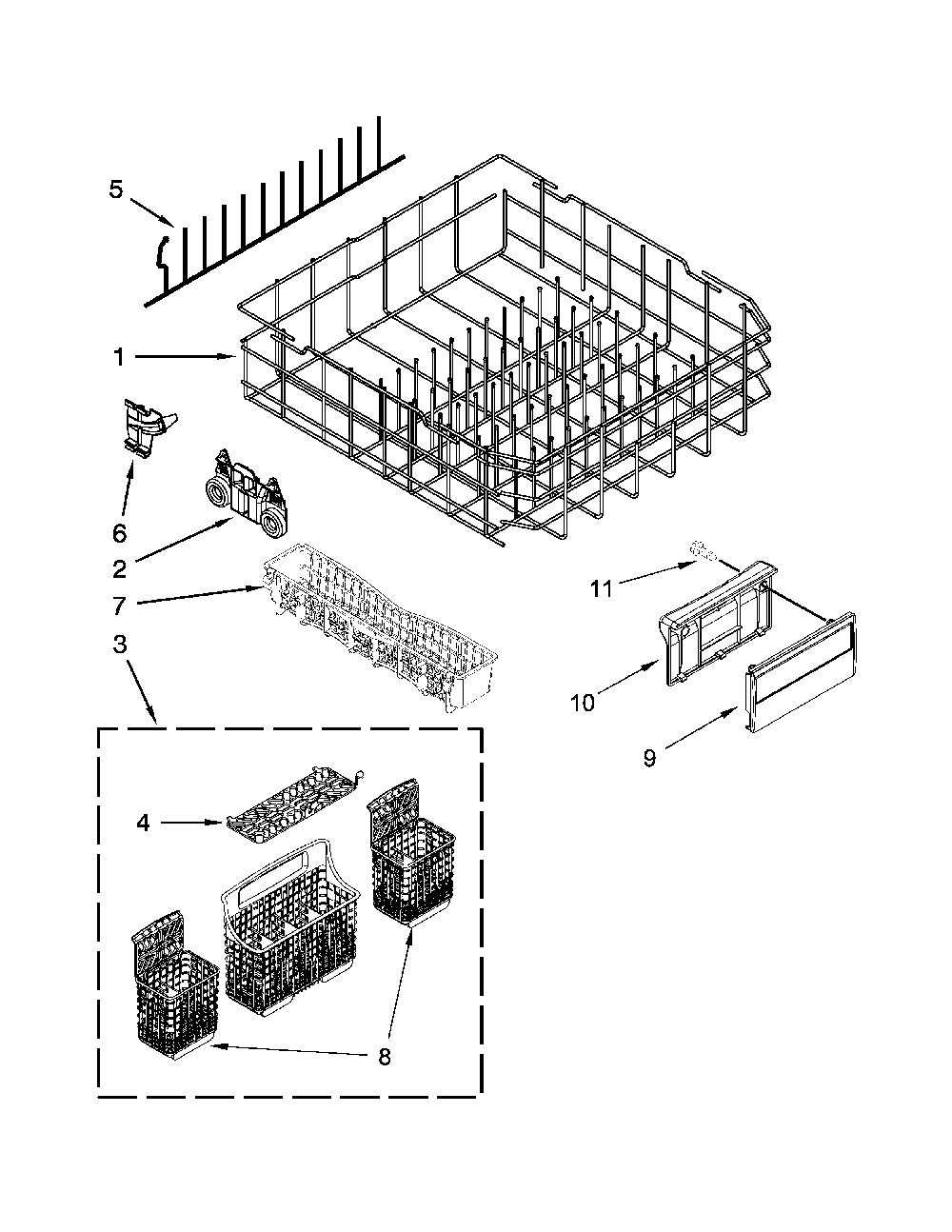 Lower Rack Parts Diagram and Parts List for 66512774K314  Kenmore Dishwasher
