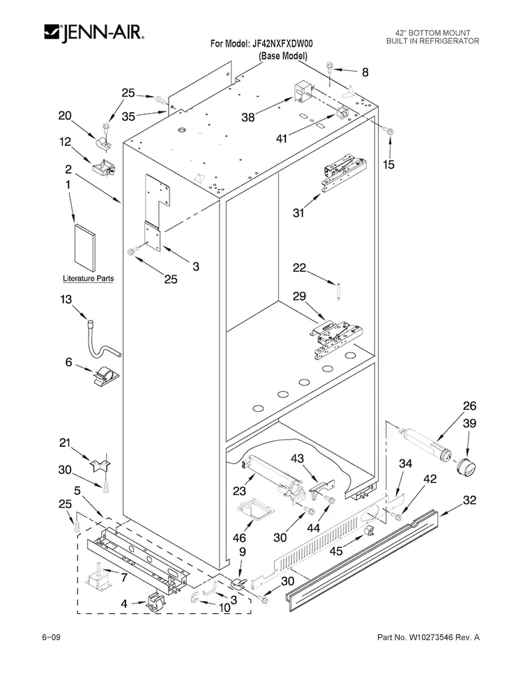 Cabinet Parts Diagram and Parts List for JF42NXFXDW00  Jenn-Air Refrigerator