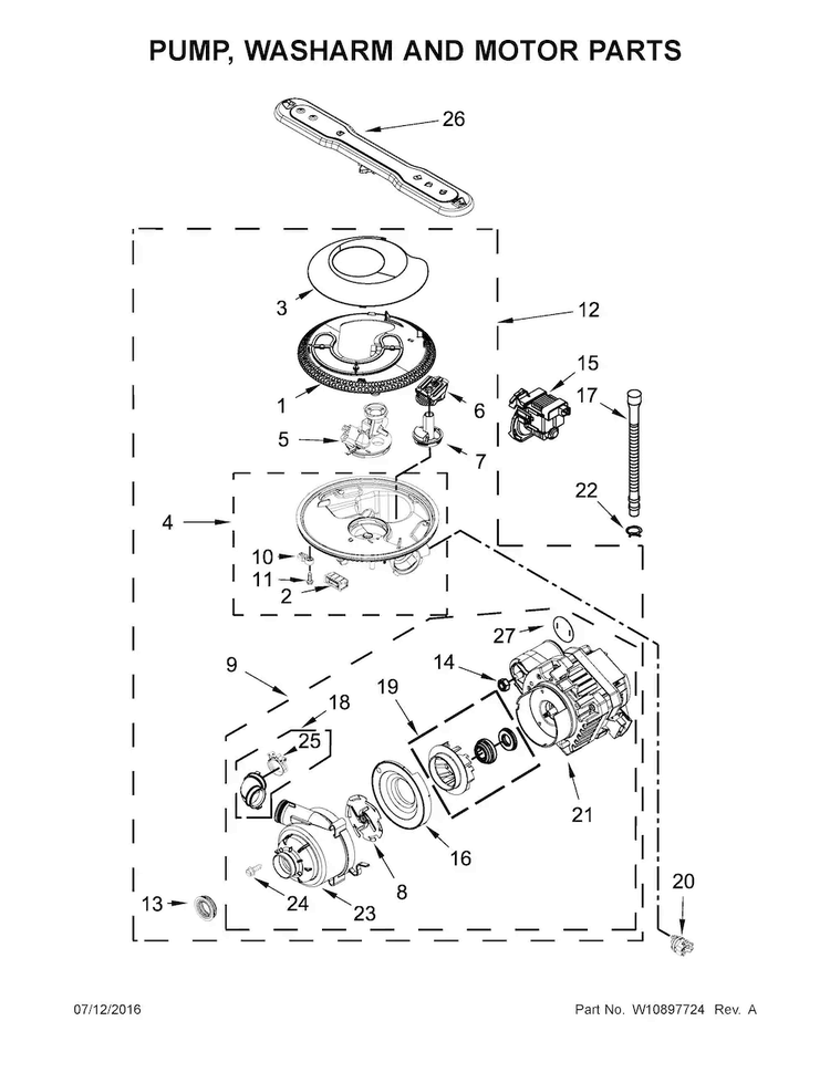 Pump, Washarm And Motor Parts Diagram and Parts List for MDB7949SDE3  Maytag Dishwasher