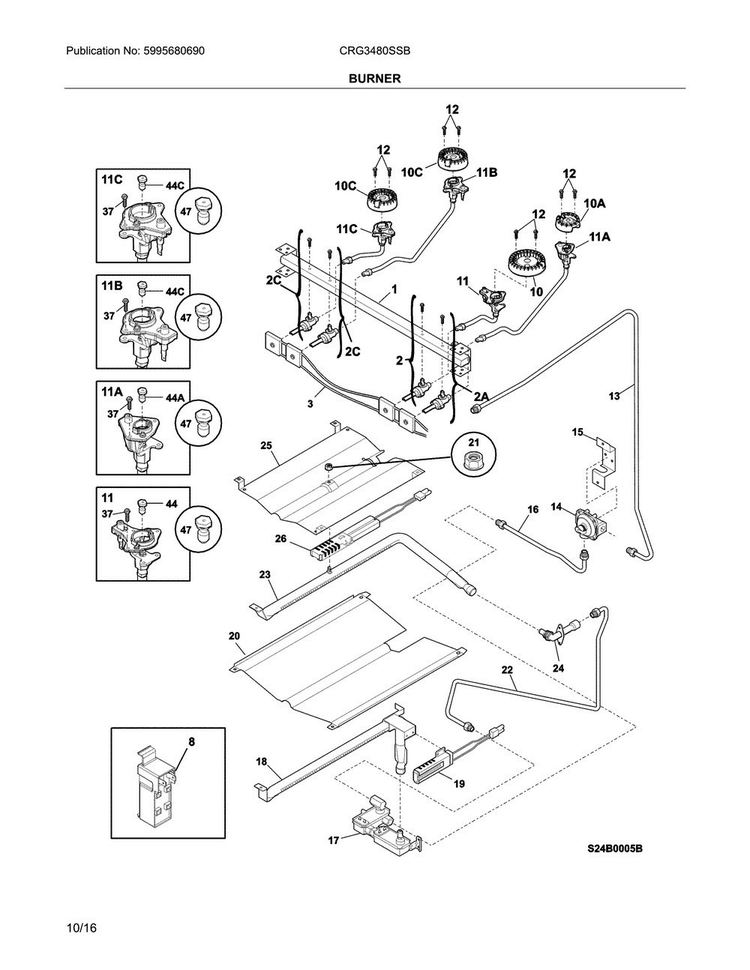 Burner Diagram and Parts List for CRG3480SSB  Crosley Range