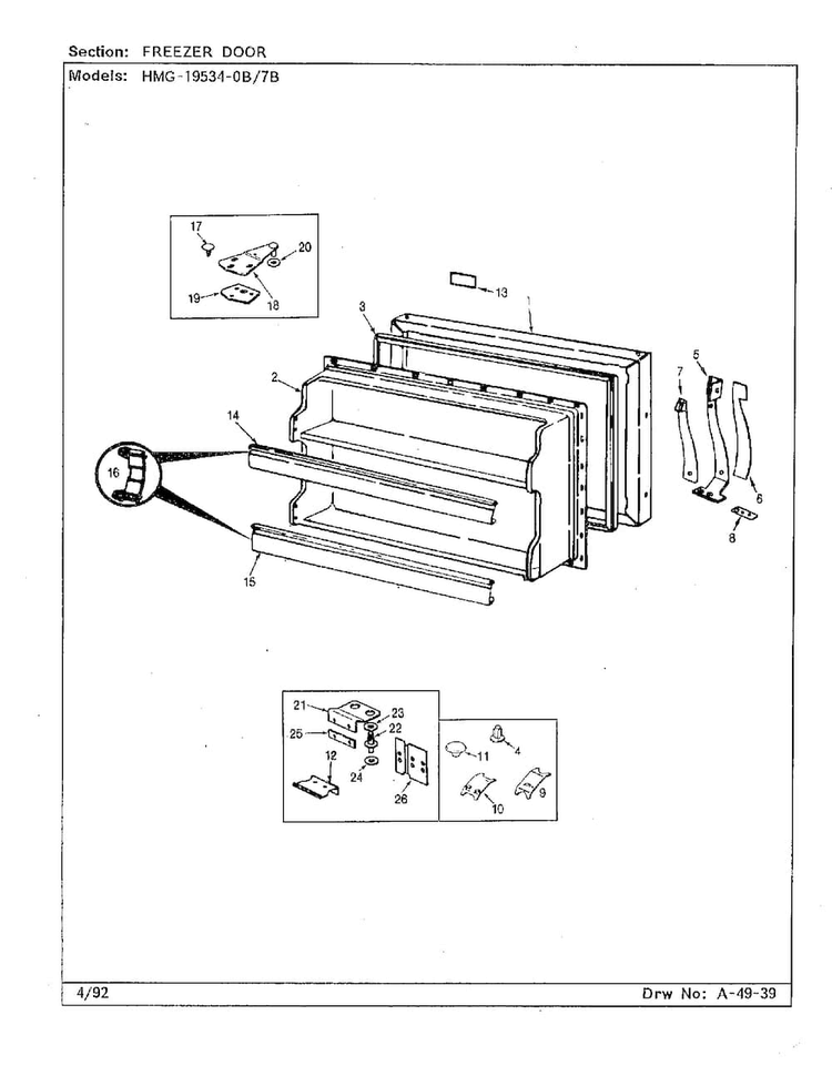 Freezer Door Diagram and Parts List for 19534-0A  Admiral Refrigerator