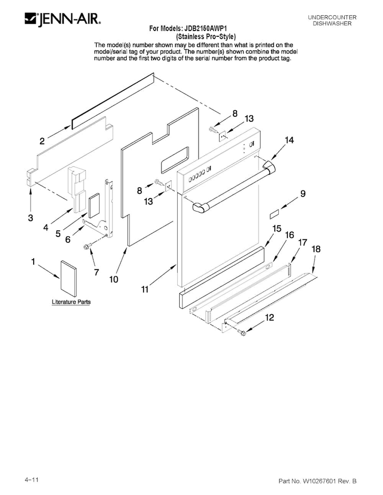 Door And Panel Parts Diagram and Parts List for JDB2150AWP1  Jenn-Air Dishwasher