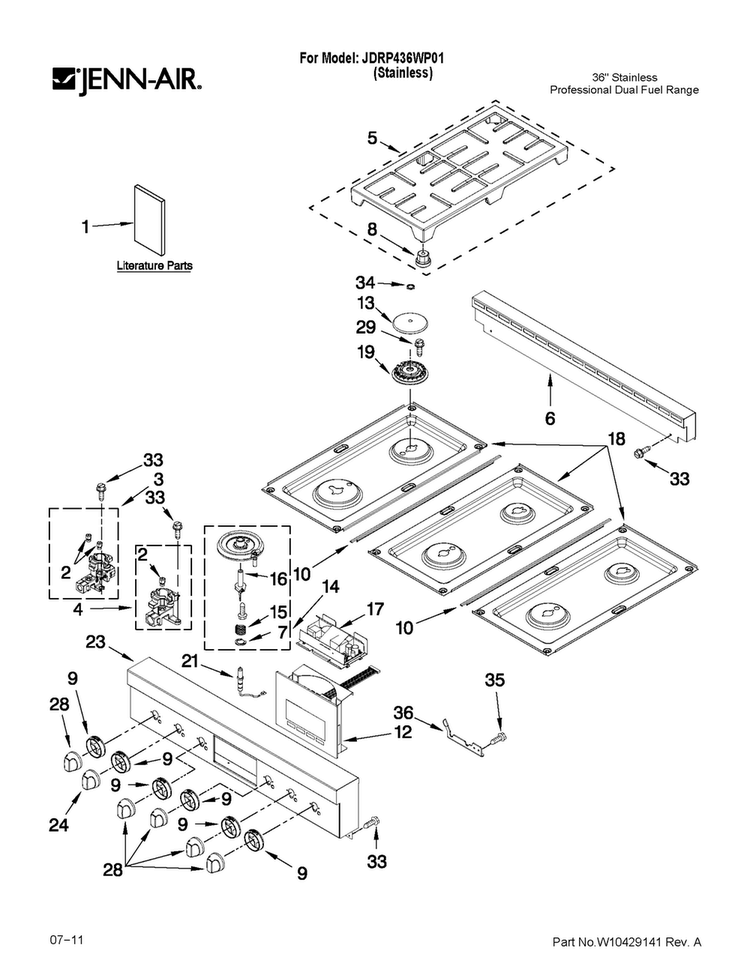 Cooktop, Burner And Grate Parts Diagram and Parts List for JDRP436WP01  Jenn-Air Range