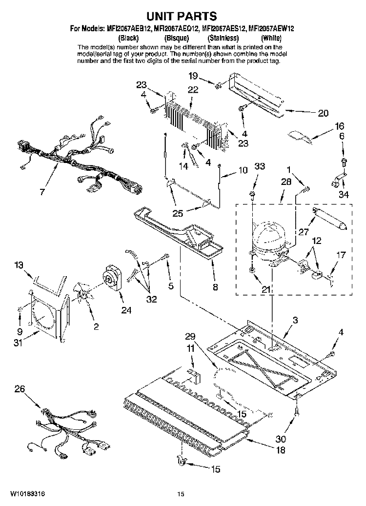 UNIT PARTS, OPTIONAL PARTS (NOT INCLUDED) Diagram and Parts List for MFI2067AEQ12  Maytag Refrigerator