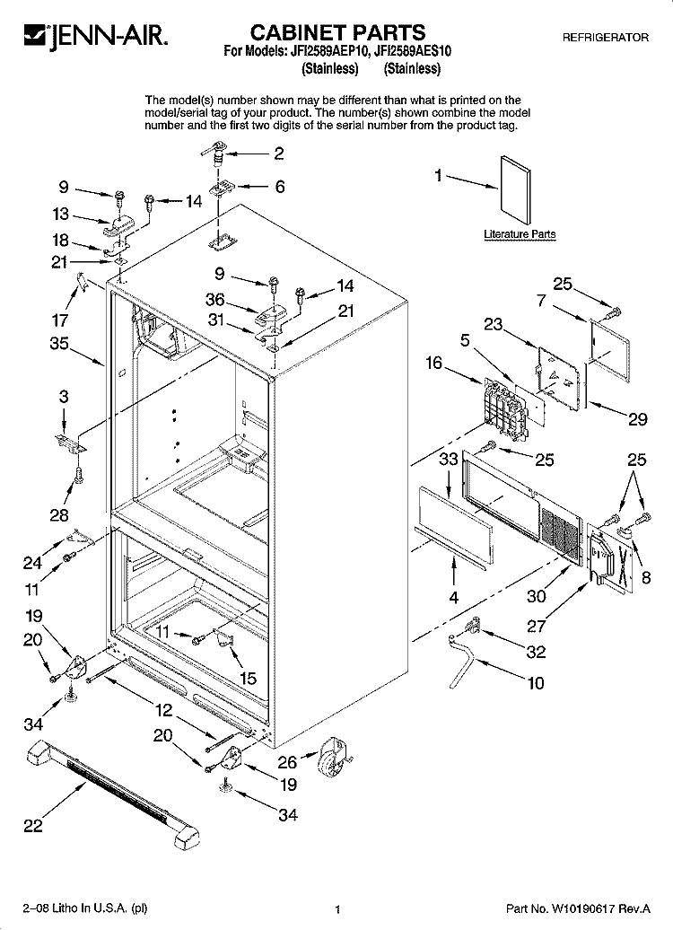 CABINET PARTS Diagram and Parts List for JFI2589AEP10  Jenn-Air Refrigerator