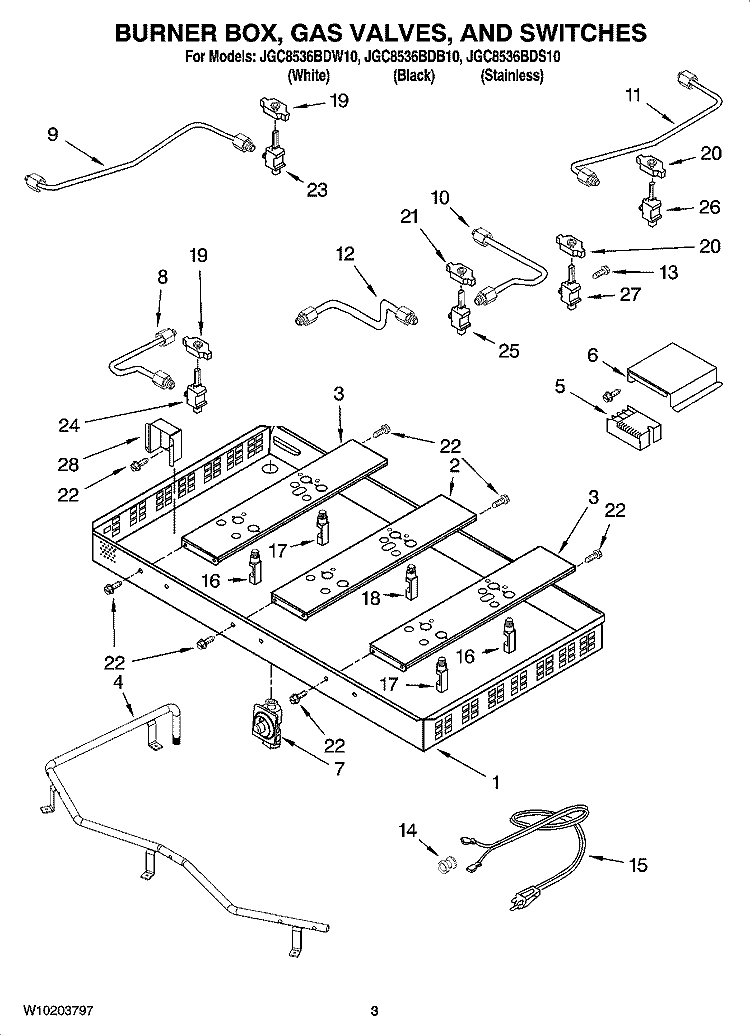 BURNER BOX, GAS VALVES, AND SWITCHES, OPTIONAL PARTS (NOT INCLUDED) Diagram and Parts List for JGC8536BDW10  Jenn-Air Cooktop