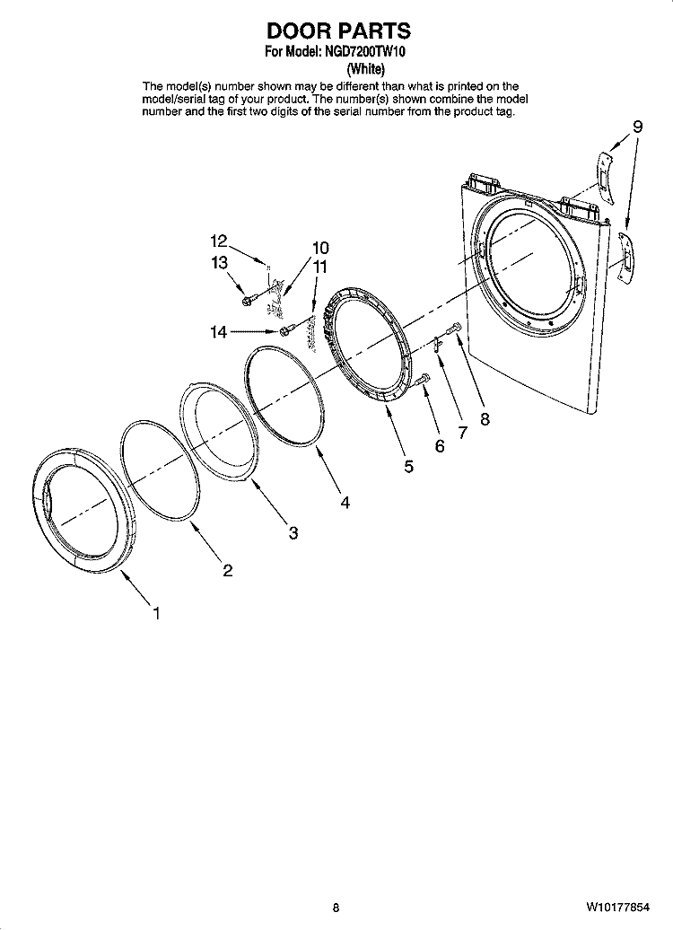 DOOR PARTS, OPTIONAL PARTS (NOT INCLUDED) Diagram and Parts List for NGD7200TW10  Amana Dryer