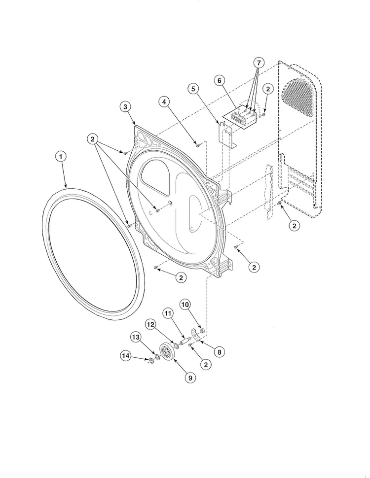 Rear Bulkhead/felt Seal/cylinder Roller/terminal Block Diagram and Parts List for EE2107WT  Speed Queen Dryer