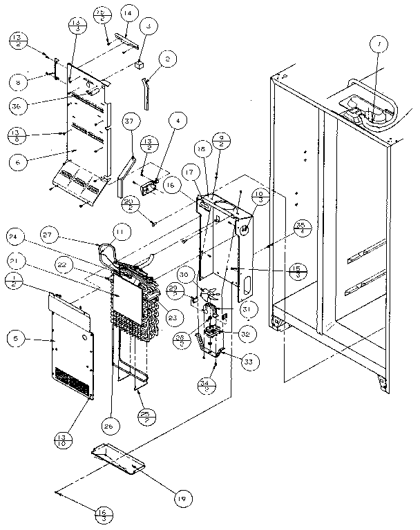 Evaporator & Air Handling Diagram and Parts List for 36541-P1121702W  Amana Refrigerator